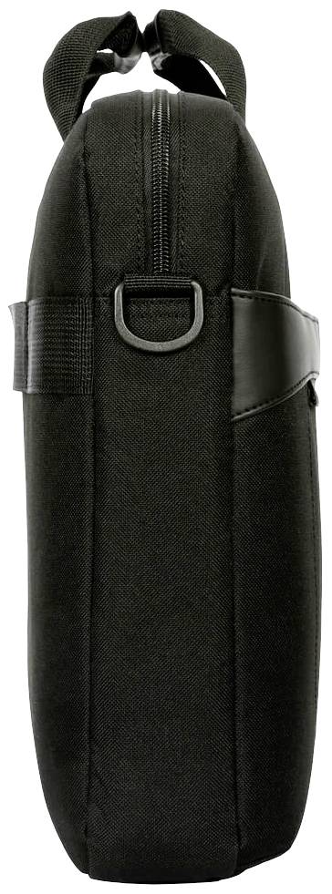 Een zwarte tas met rits en verstelbare schouderband, gezien van opzij.