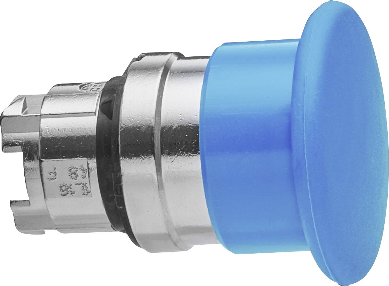 Metalen en blauwe drukknop, zijaanzicht.