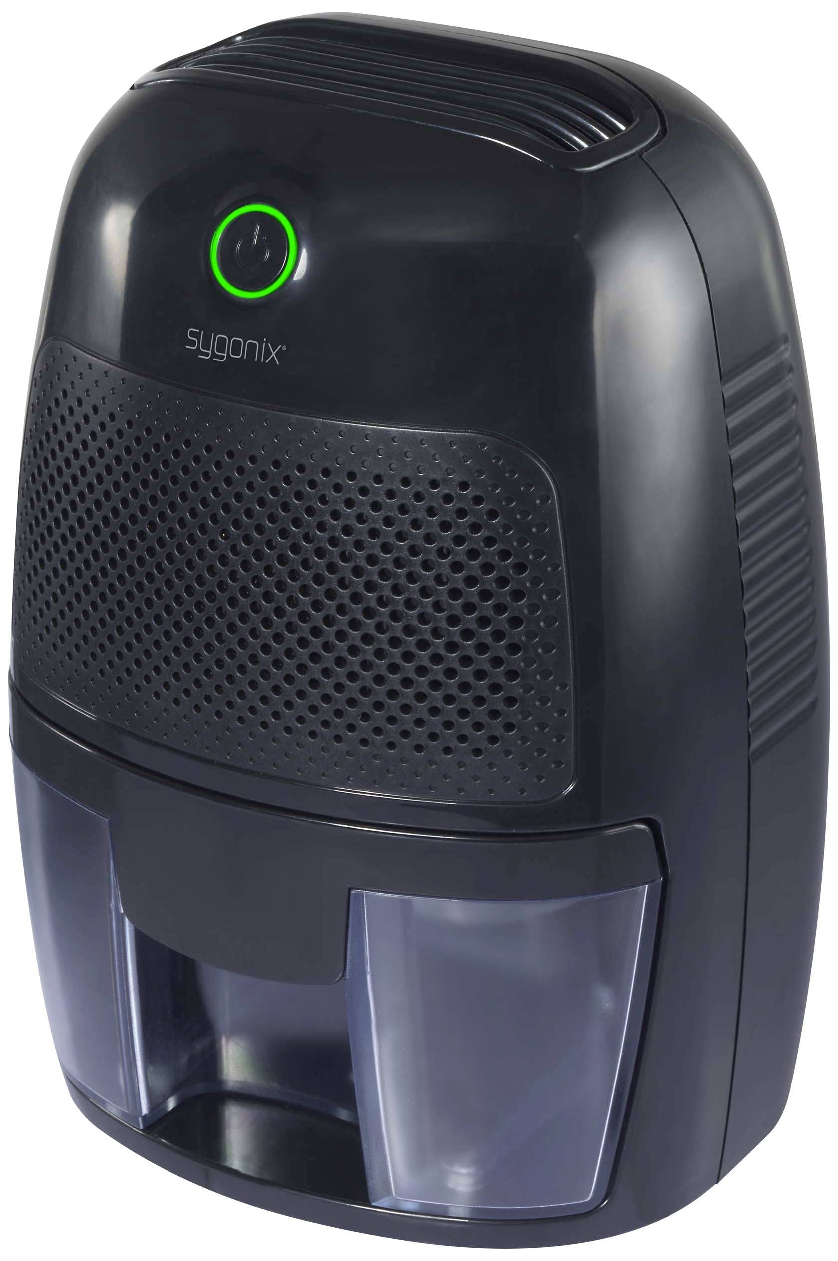Zwarte luchtontvochter met groen verlichte aan-knop, groot ventilatierooster en transparante wateropvangbak onderaan.