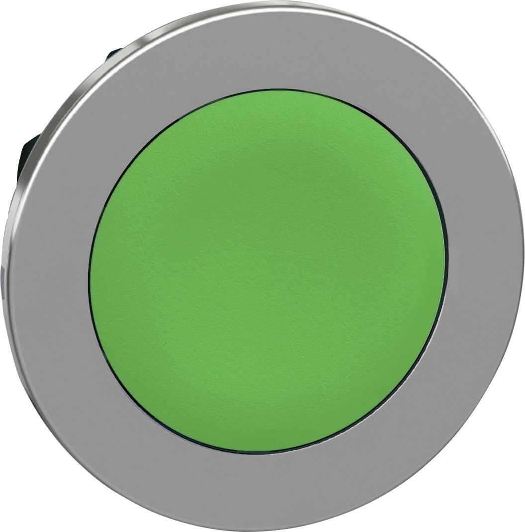 Groene knop, symboliseert 'Aan' of 'Start', in een zilveren omlijsting.
