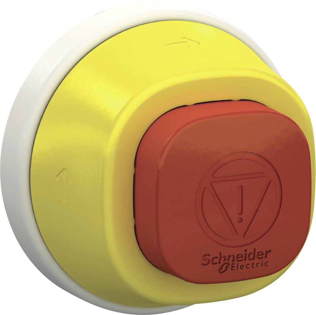 Gele noodstopschakelaar met rode knop en het logo van Schneider Electric. Symbool voor veiligheid en nooduitschakeling.