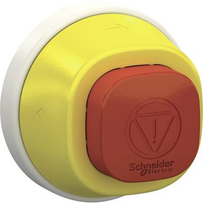 Gele noodstopschakelaar met rode knop en het logo van Schneider Electric. Symbool voor veiligheid en nooduitschakeling.