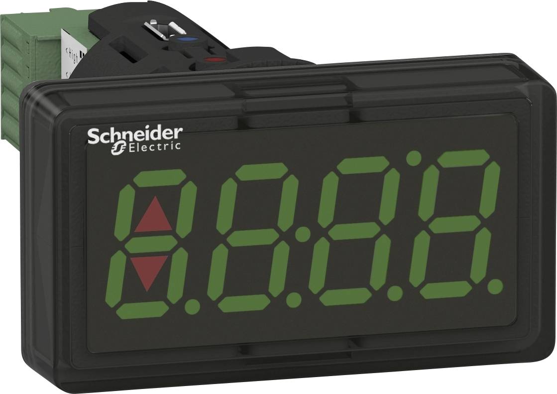 Elektronisch display van Schneider Electric met groene LED-cijfers en rode pijltoetsen aan de voorkant.