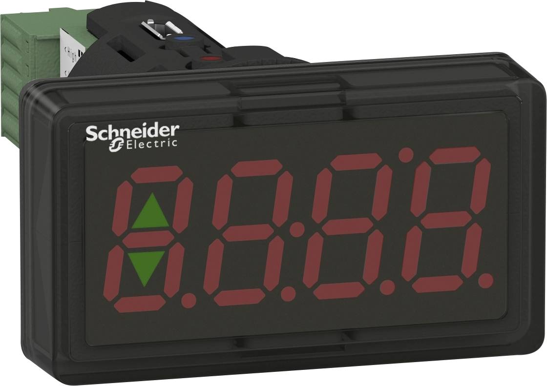 Elektronisch display van Schneider Electric, toont "0.00.0" met rode cijfers. Twee pijltoetsen links naast de getallen.