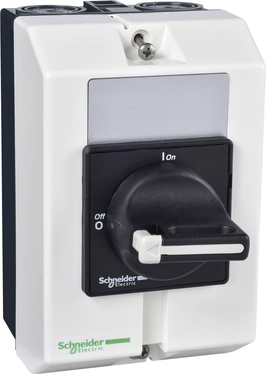 Een witte industriële schakelaar van Schneider Electric met een zwarte draaiknop. De schakelaar staat op 'Off' (Uit).