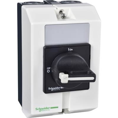 Een witte industriële schakelaar van Schneider Electric met een zwarte draaiknop. De schakelaar staat op 'Off' (Uit).