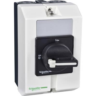 Een witte schakelaar van Schneider Electric met een zwarte hefboom die kan worden geschakeld tussen de posities 'Aan' en 'Uit'.