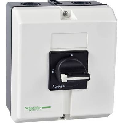 Een wit, rechthoekig behuizing met een zwarte draaiknop in het midden en het logo van Schneider Electric linksonder.