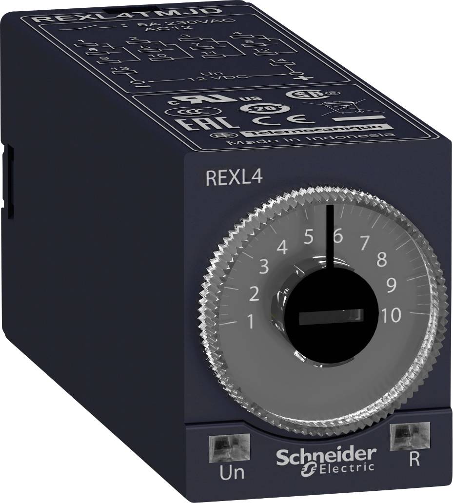 Afbeelding van een zwart tijdrelais van Schneider Electric met een ronde instelschaal en markeringen voor de tijdsinstelling.
