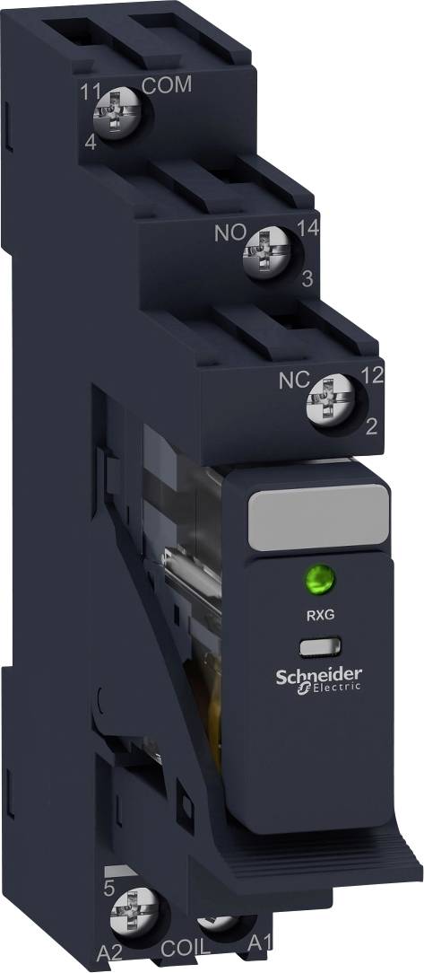 Een elektrisch relais van Schneider Electric met groene LED-indicator. Het heeft meerdere aansluitingen voor bekabeling en besturing.