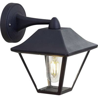 Zwarte buitenwandlamp met klassiek lantaarnontwerp, aan de muur bevestigd. Bevat een zichtbare gloeilamp.