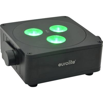 Zwarte LED-schijnwerper met drie groene verlichtingspunten. Op de behuizing staat 'eurolite'.