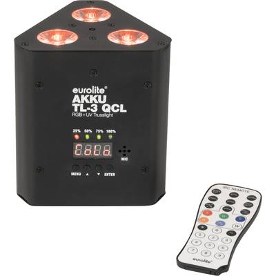 Zwart driehoekig LED-verlichtingsapparaat met afstandsbediening. Apparaat toont percentages van 25 tot 100 en beschikt over een digitaal display.