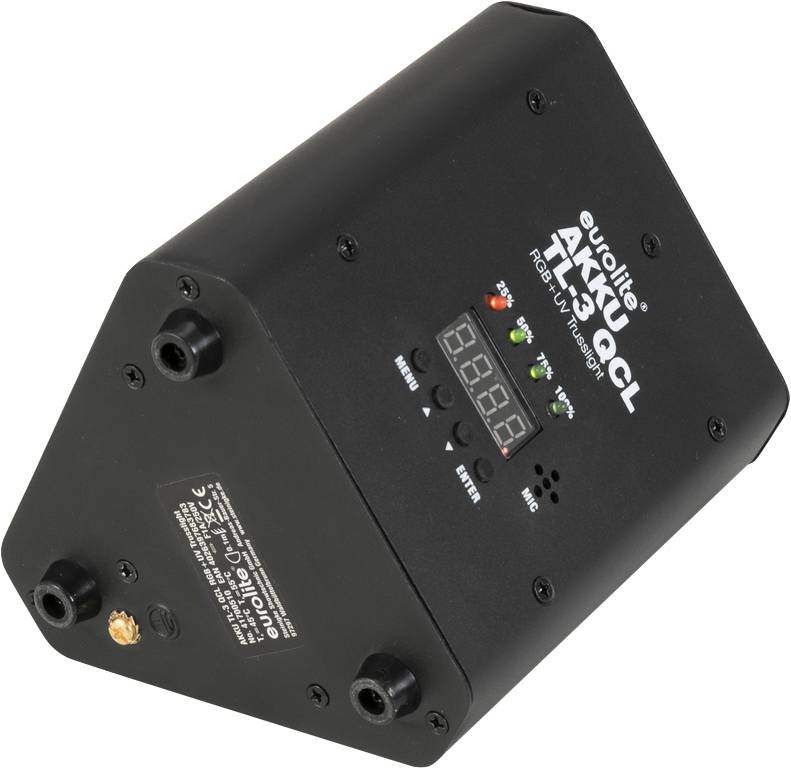 Zwarte LED-lichteffectprojector 'Eurolite AKKU TL-3 QCL' met digitaal display en bedieningsknoppen aan de voorzijde.