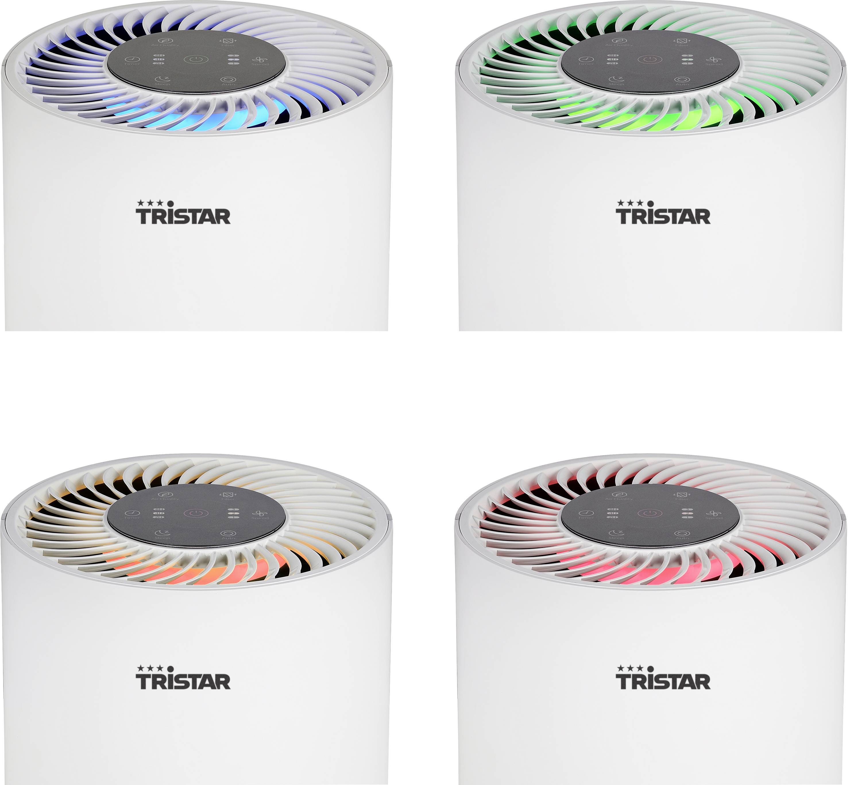 Vier luchtzuiveraars, elk met een ander LED-kleurdisplay: blauw, groen, geel en rood. Merknaam 'TRISTAR' zichtbaar.