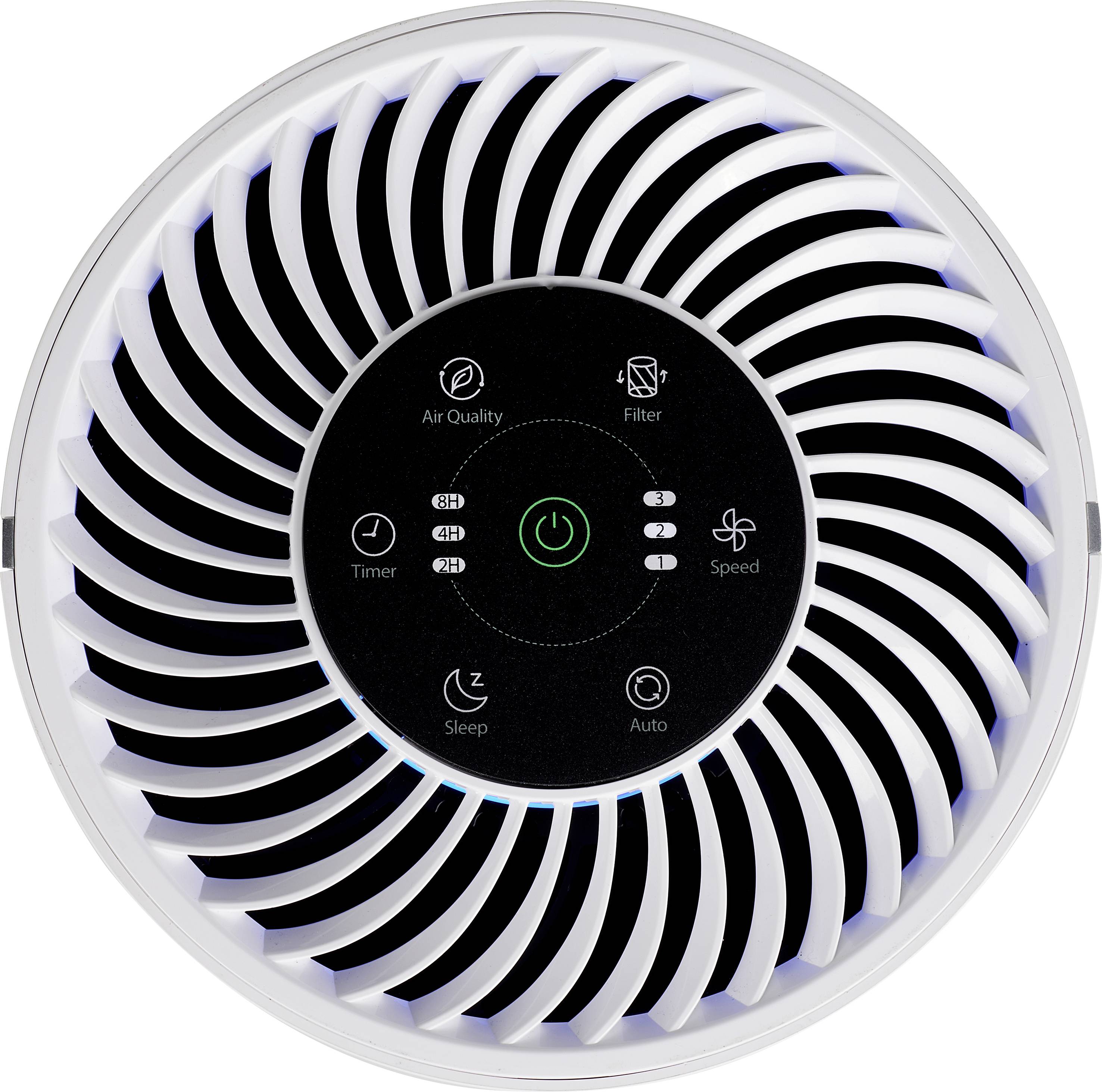 Luchtreiniger vanuit bovenaanzicht met bedieningselementen: Luchtkwaliteit, Filter, Timer, Snelheid, Slaapstand en Automatisch.
