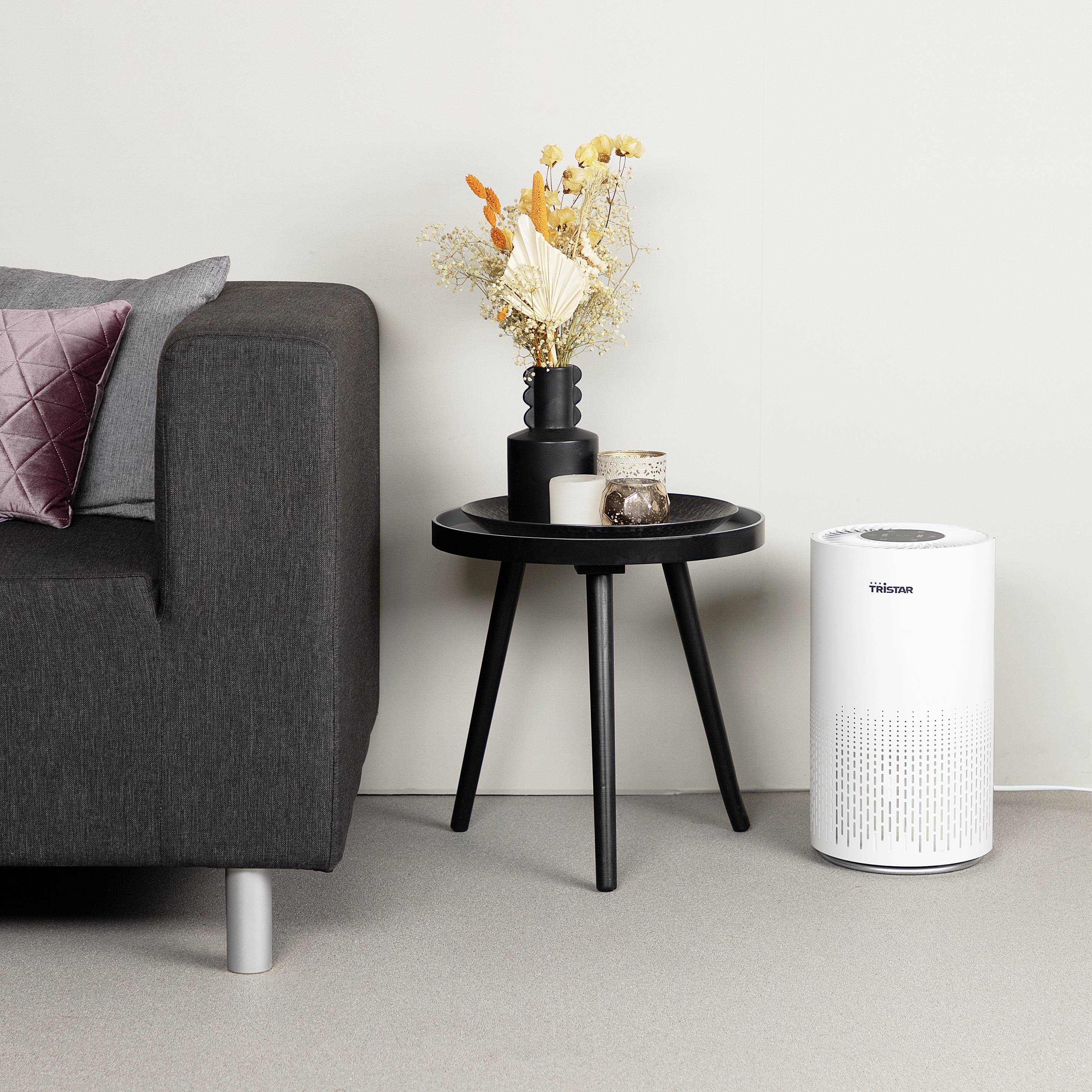 Een grijze bank met een paars kussen staat naast een kleine ronde tafel met een vaas en kaarsen. Rechts staat een luchtreiniger.