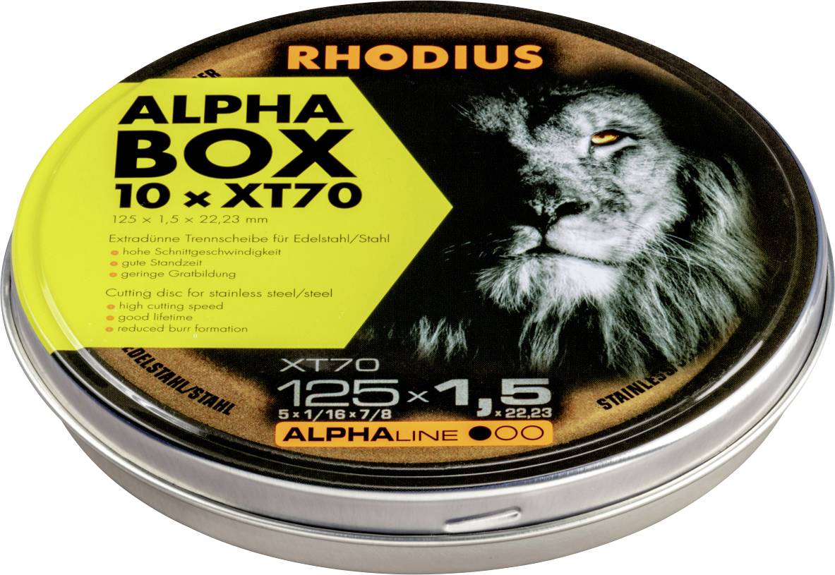 Ronde metalen doos met leeuwenafbeelding en tekst: 'RHODIUS ALPHA BOX 10 x XT70'. Doorslijpschijven voor roestvrij staal, afmeting: 125 x 1,5 x 22,23 mm.