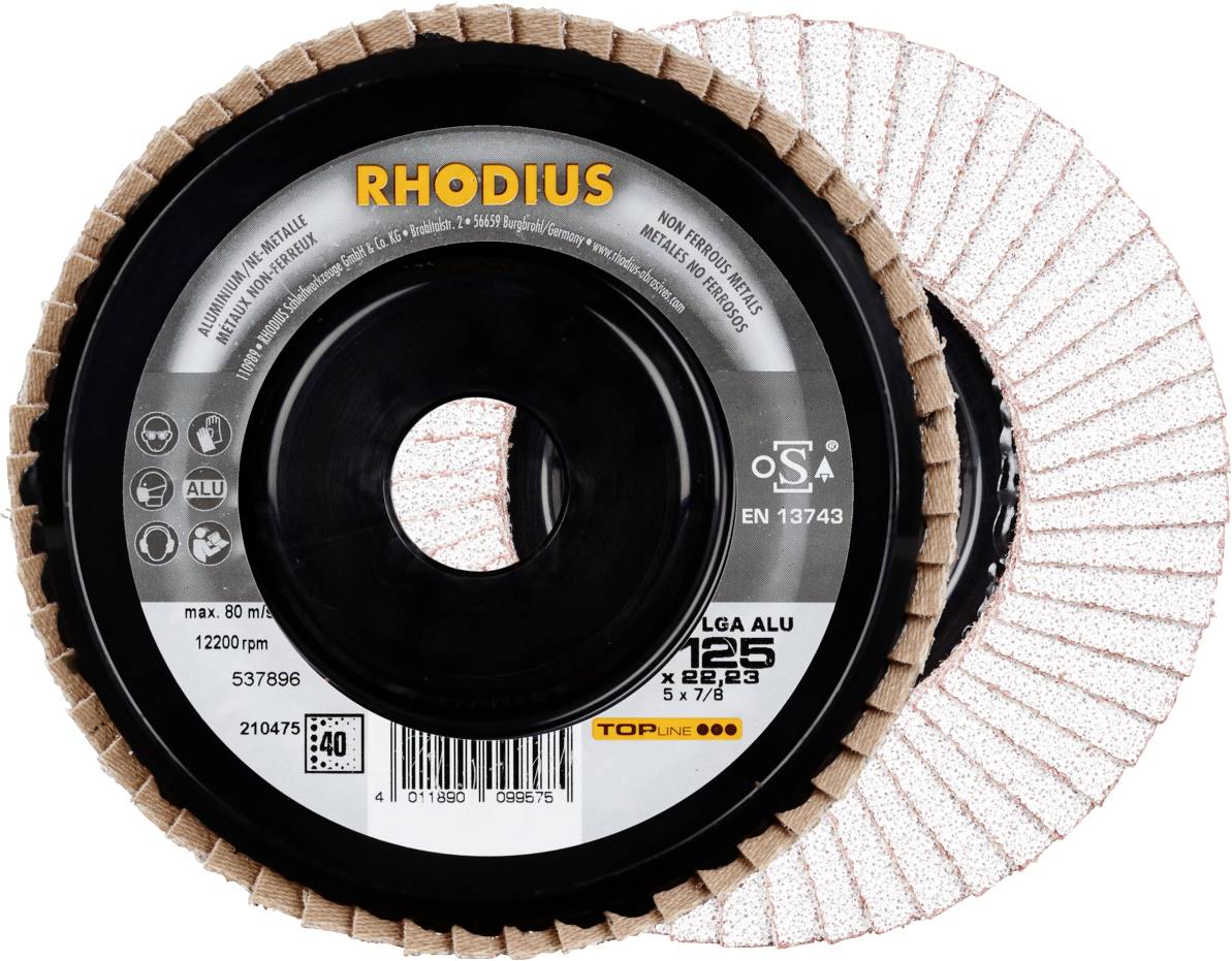 Twee slijpschijven met het opschrift 'RHODIUS' en productinformaties. De schijven zijn geschikt voor materialen zoals aluminium.