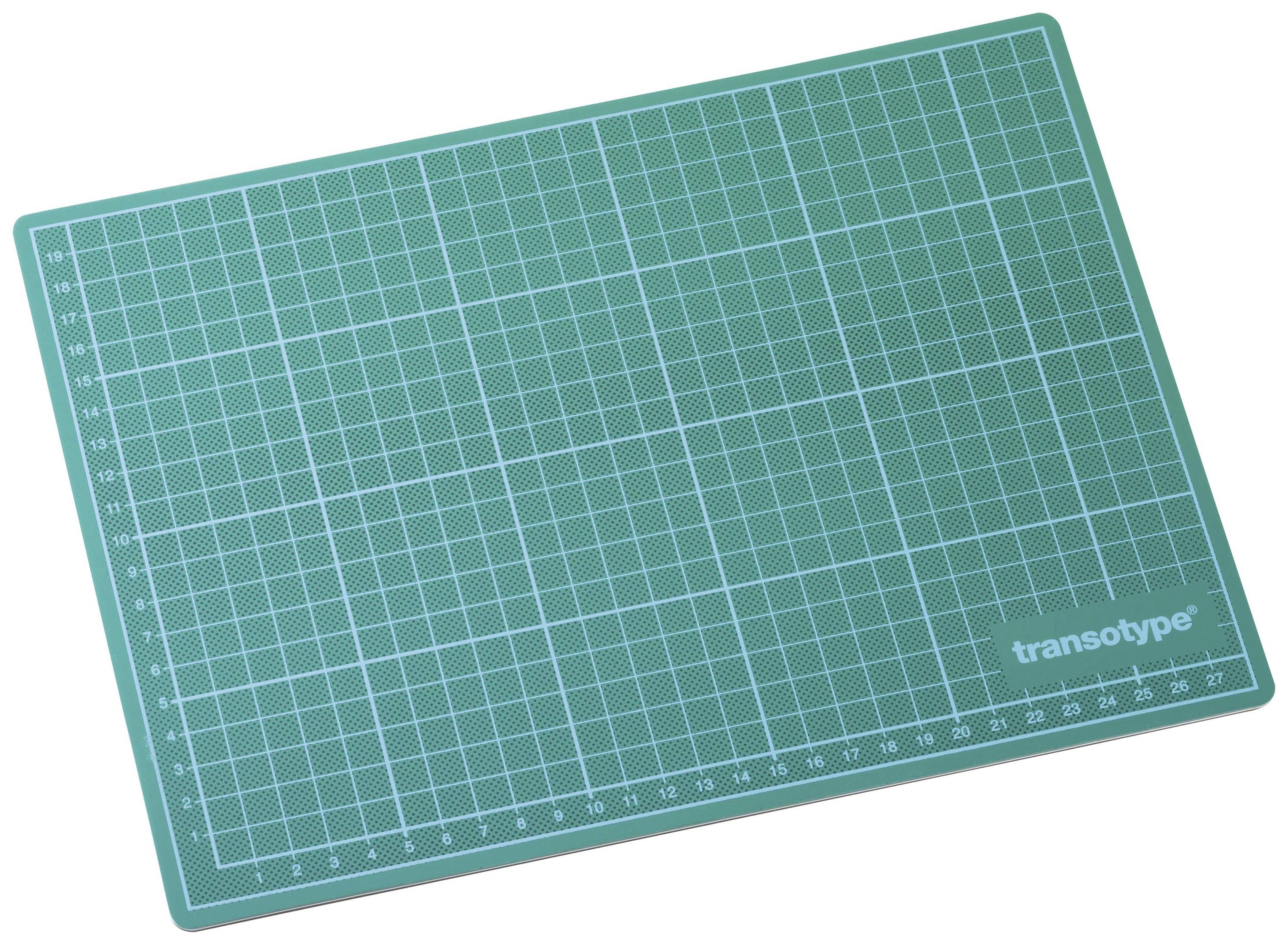 Groene snijmat met vierkant raster. Merknaam onderaan rechts.