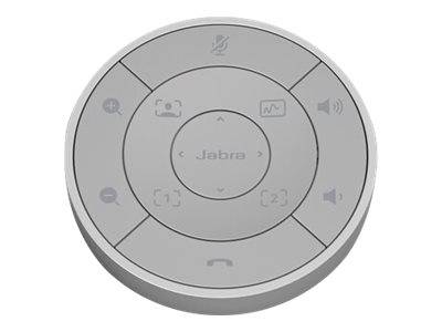 Rond bedieningspaneel van een Jabra-apparaat met symbolen voor microfoondemping, oproepen, volume en andere functies.