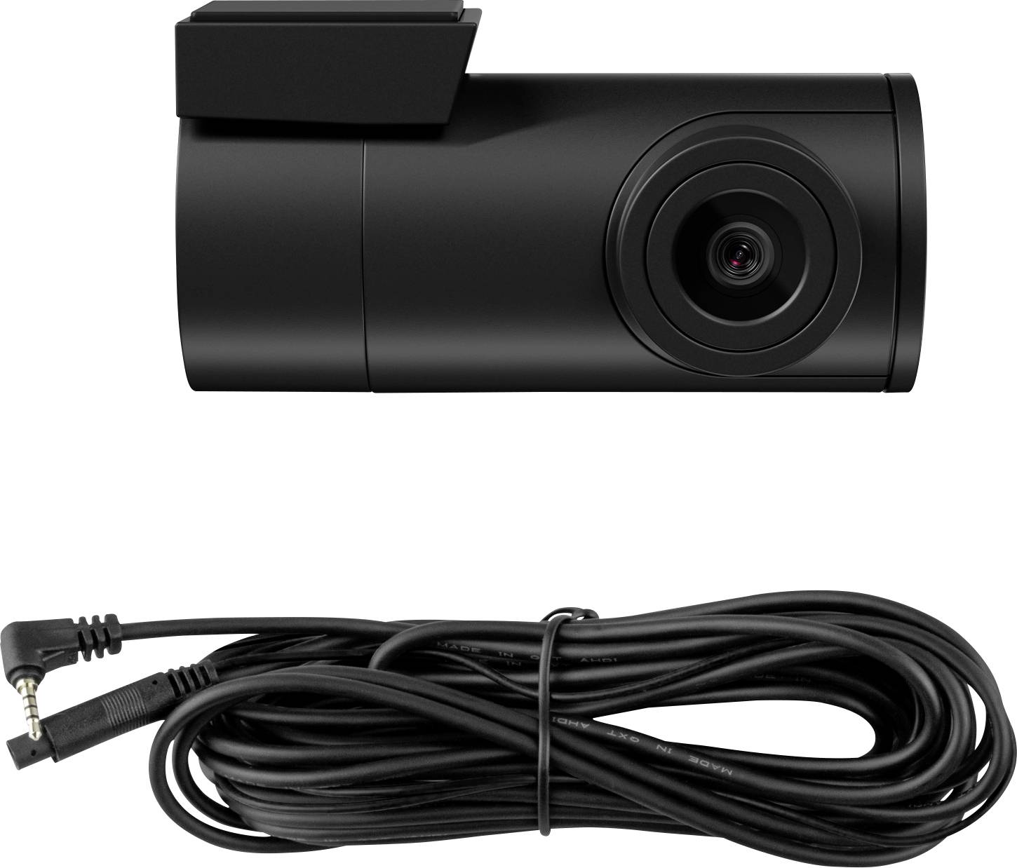 Zwarte autocamera en bijbehorende kabel, zijaanzicht. De camera is cilindrisch en compact, met een lens aan de rechterkant.