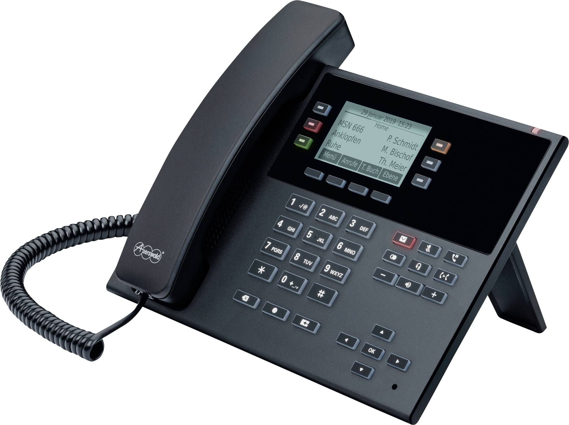 Een modern tafeltelefoon met numeriek toetsenbord, display met oproepinformatie en verschillende functietoetsen.