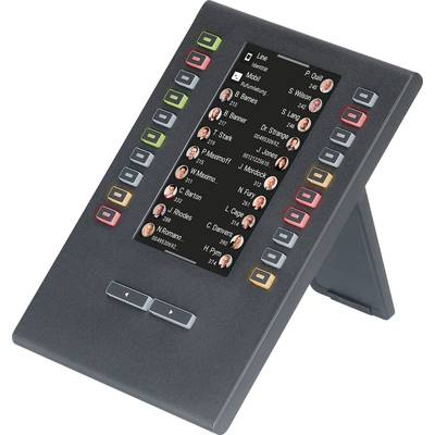 Een zwart communicatieapparaat met een scherm toont een contactlijst met namen en avatars. De toetsen zijn gekleurd gecodeerd.