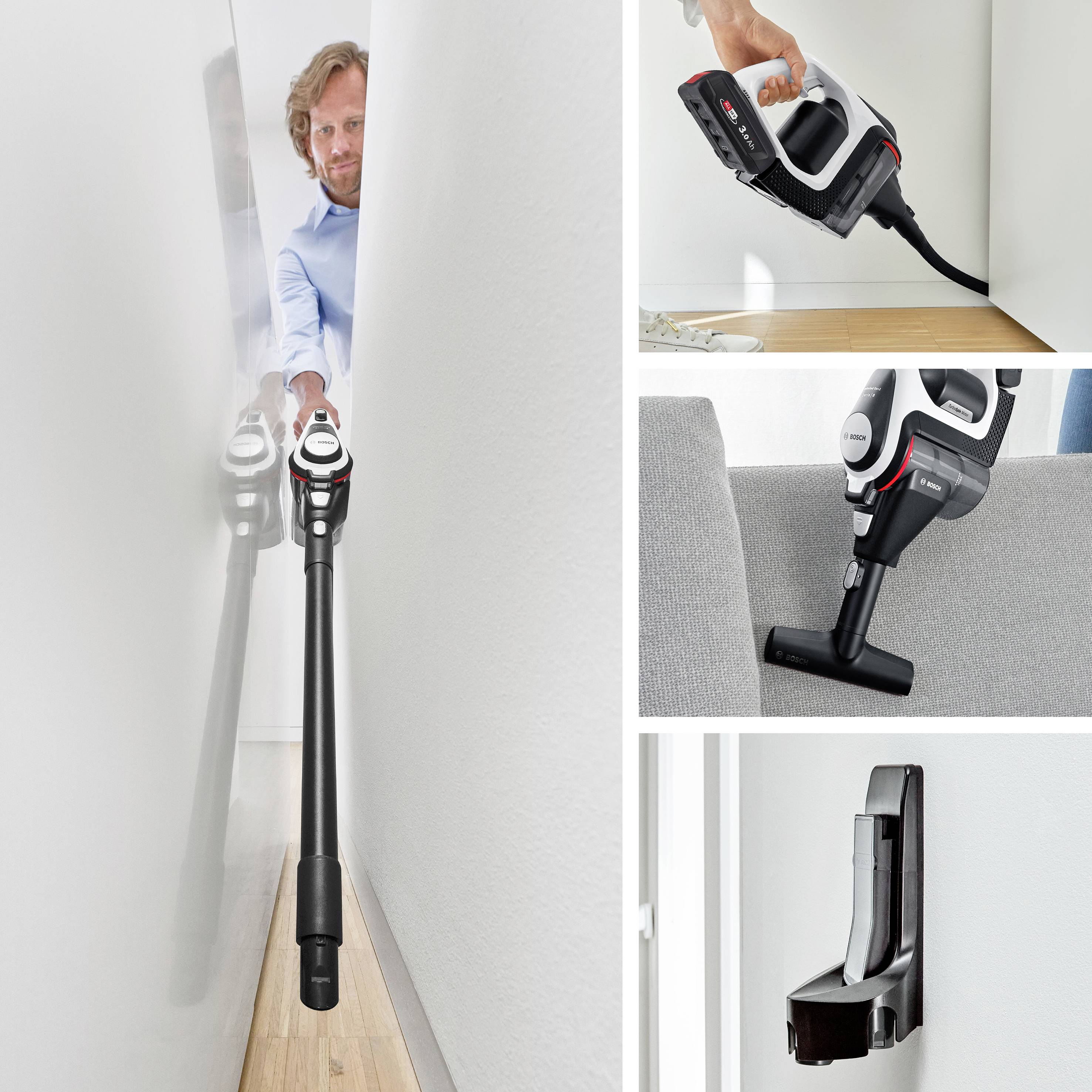 Man gebruikt een draadloze stofzuiger in een kleine ruimte. Andere beelden tonen verschillende perspectieven van de stofzuiger en een wandhouder.