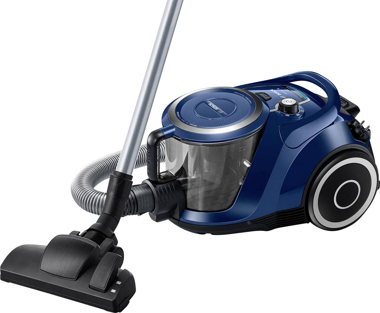 Een blauwe stofzuiger met zuigbuis, mondstuk en een transparante stofbak staat op een witte achtergrond.