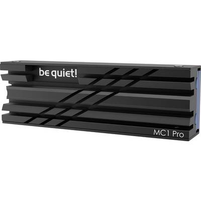 Zwarte koelplaat met het opschrift 'be quiet! MC1 Pro' voor de koeling van M.2 SSD's, voorzien van groeven voor verbeterde warmteafvoer.