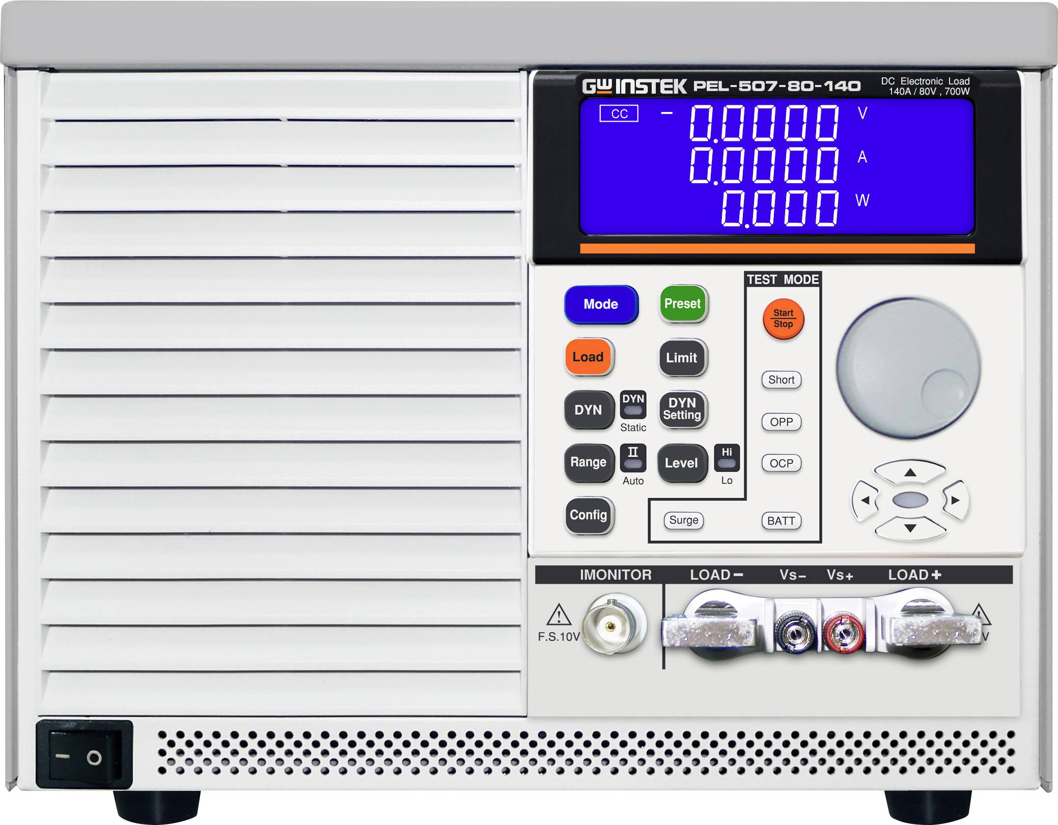Elektronische belasting met meerkleurig display en toetsen voor besturing en moduskeuze. Weergaven voor spanning, stroom en vermogen.