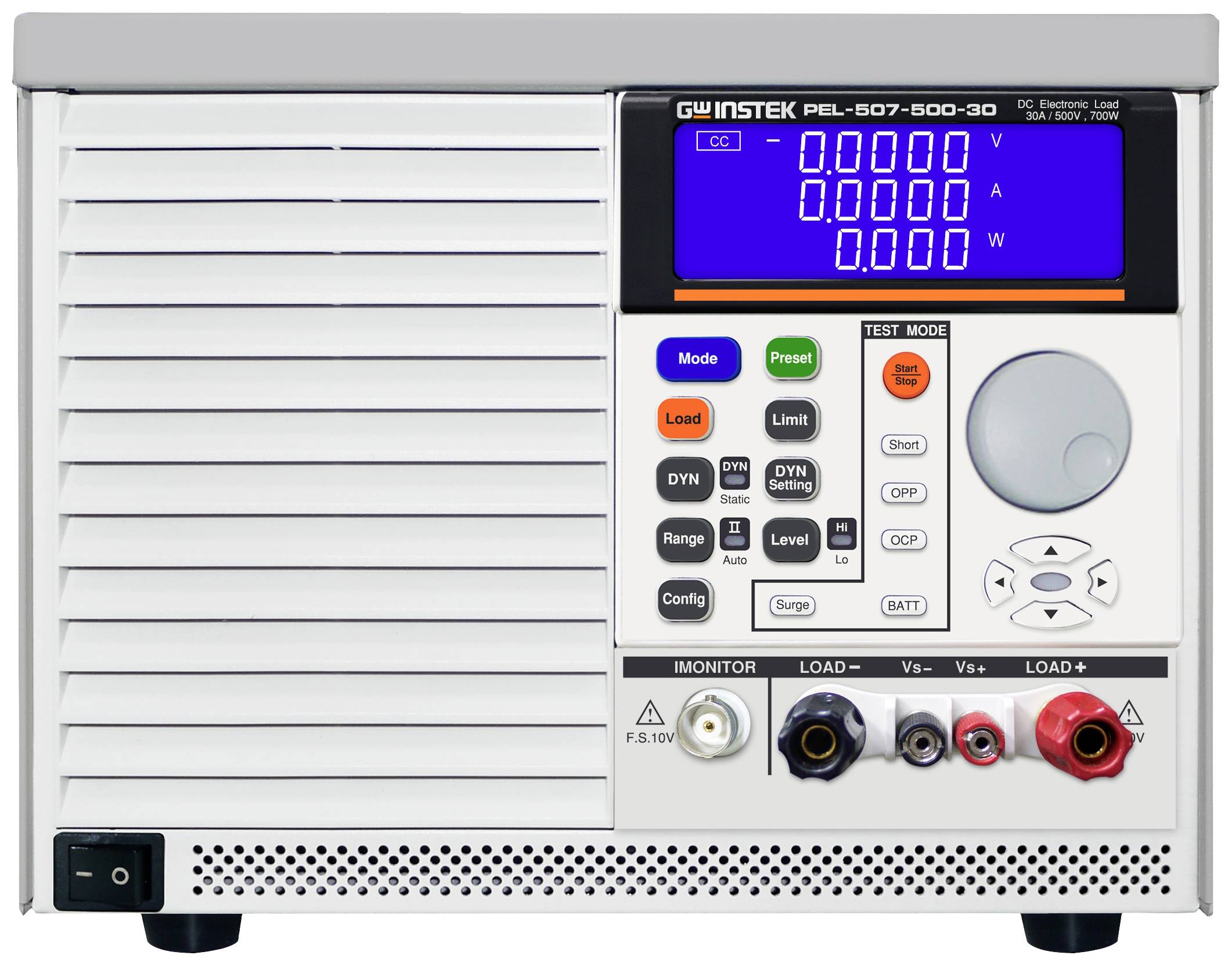 Elektronisch laststuk met meerdere knoppen en display. Toont stroom-, spanning- en vermogensmetingen. Model 'PEL-507-500-30'.