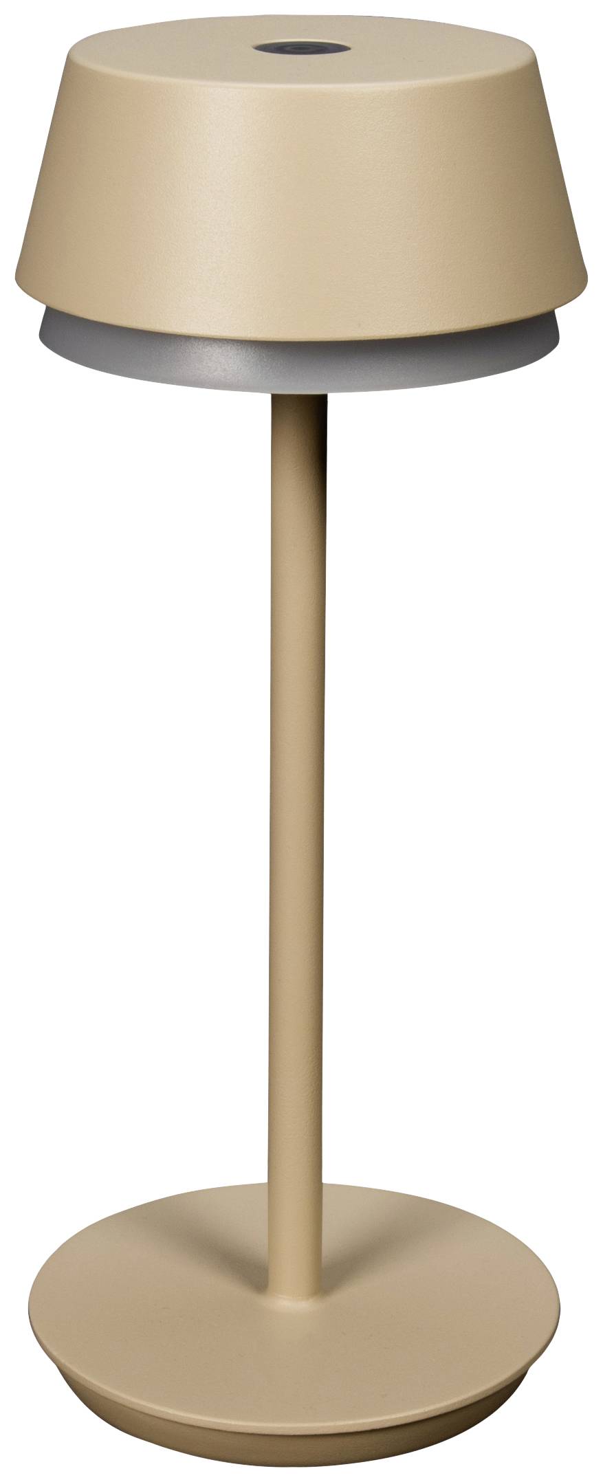 Een beige tafellamp met een modern design, bestaande uit een slanke voet en een conische kap.