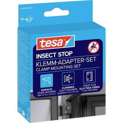 Doos met tesa Insect Stop klemadapterset, blauwe verpakking voor het aanbrengen van insectenschermen zonder boren, voor alle TESA deuren.