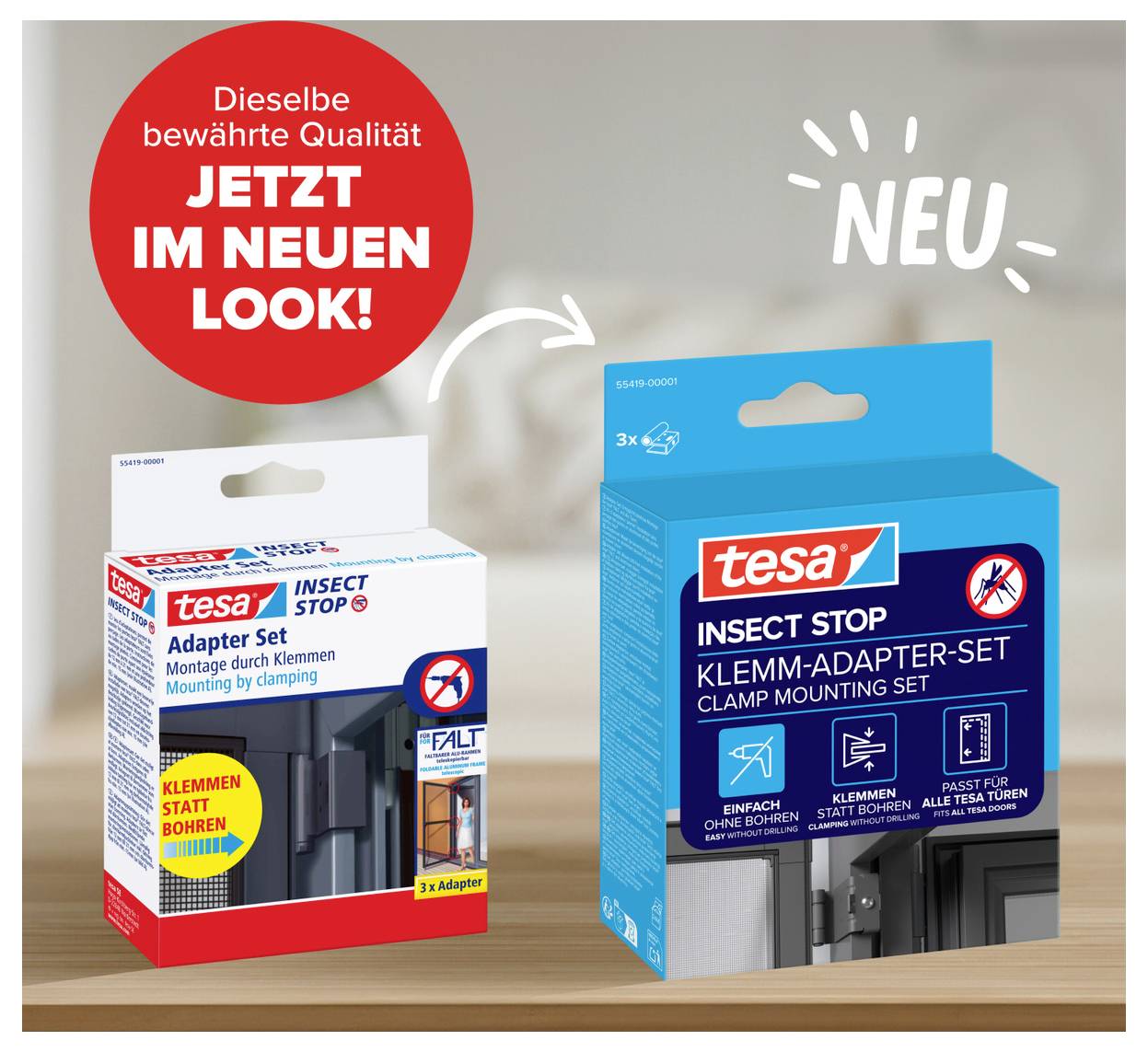 Advertentieafbeelding met twee tesa insectenbeschermingsverpakkingen ter vergelijking: links oud ontwerp, rechts nieuw blauw ontwerp met 'NIEUW' en vermelding van dezelfde beproefde kwaliteit.