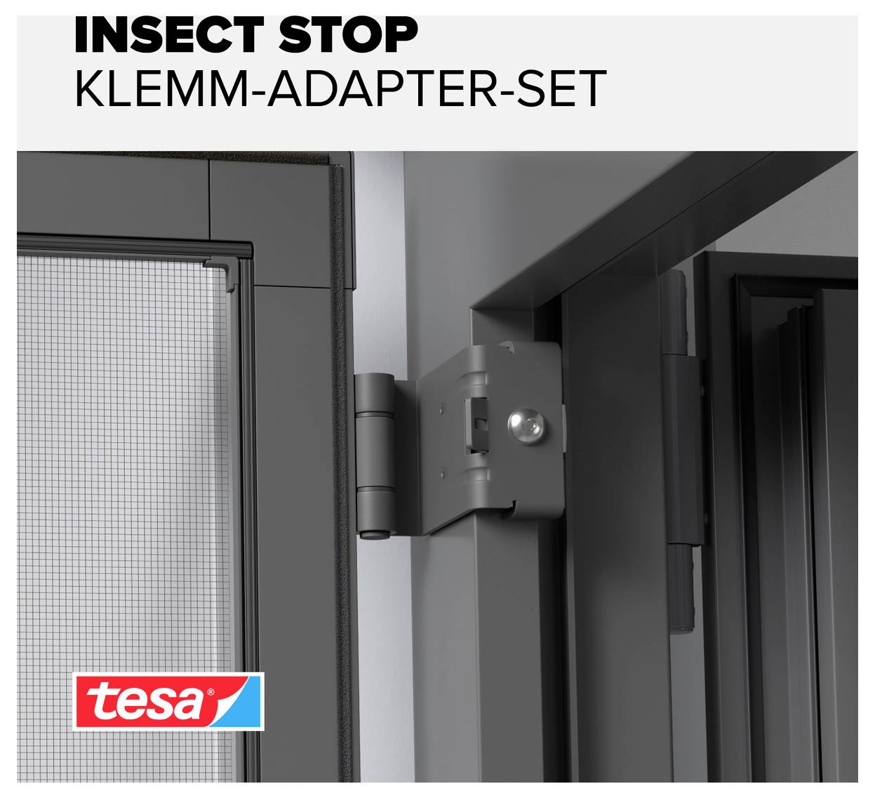 Insect Stop Klemm-Adapter-Set van tesa: Adapter aan raamkozijn voor bevestiging van een insectenbeschermingsrooster.