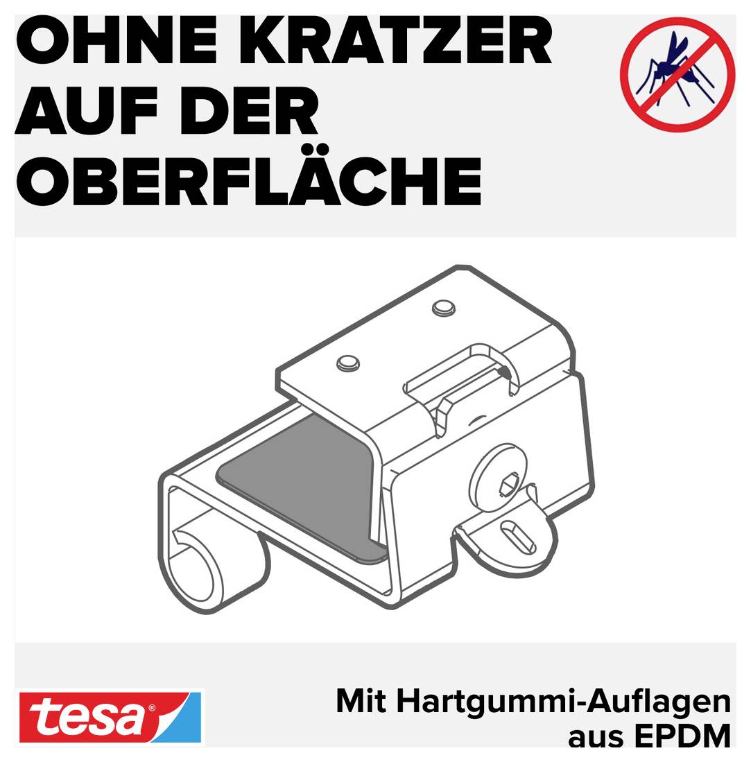 Illustratie van een houder met hardrubberen opleggers van EPDM; tekst: 'ZONDER KRASSEN OP HET OPPERVLAK' en tesa-logo, aanwijzing voor krasvrijemontage.
