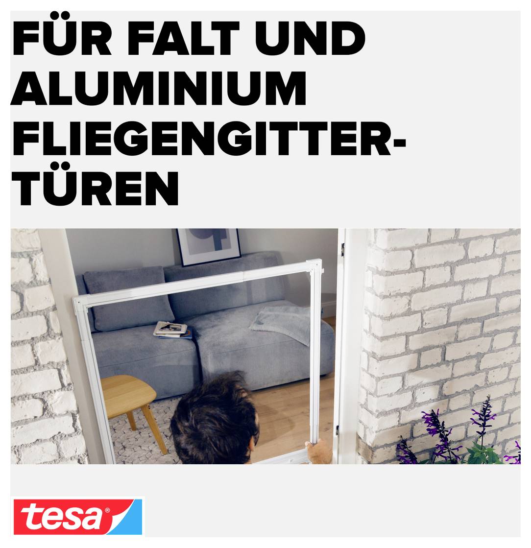Advertentieafbeelding voor tesa: Aluminium vouwgaasdeuren voor een balkondeur, met de tekst 'VOOR VOUW- EN ALUMINIUM VLIEGENGAASDEUREN'.