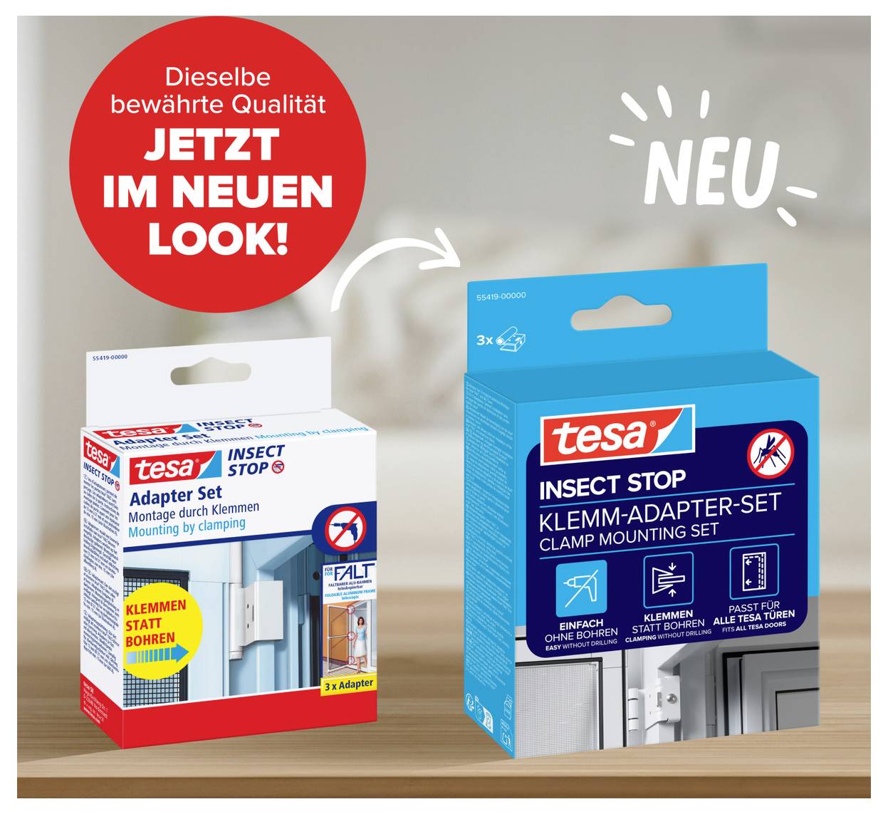 Advertentiegrafiek met twee tesa INSECT STOP verpakkingen: links oude adapterset, rechts nieuwe klemadapterset met vermelding "NIEUW" en "Nu met nieuw design!"