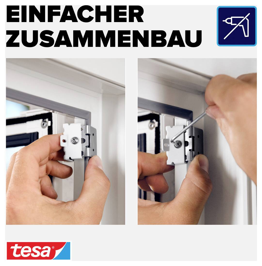 Handleiding voor eenvoudige montage van een raambeslag: onderdeel inzetten en met schroevendraaier bevestigen, met tesa-logo en tekst 'EENVOUDIGE MONTAGE'.