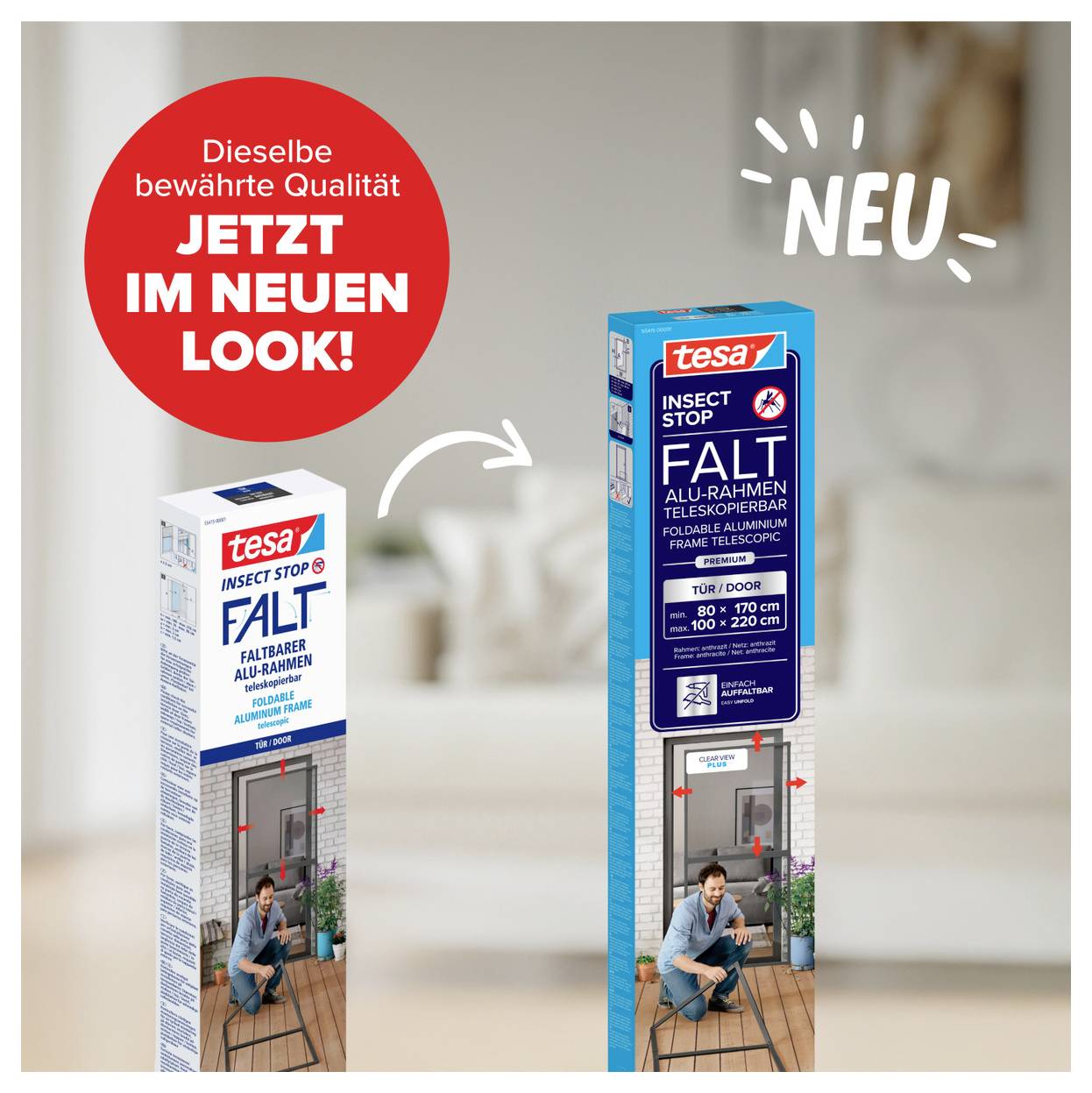 Advertentie met voor-na-vergelijking van een Tesa insectenscherm-raam: links oude, rechts nieuwe verpakking in 'NIEUW'-look.