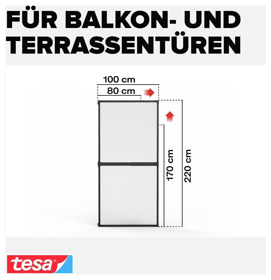 Reclameafbeelding voor balkon- en terrasdeuren: maatschets met 100 cm en 80 cm breedte en ook 220 cm en 170 cm hoogte, tesa-logo.