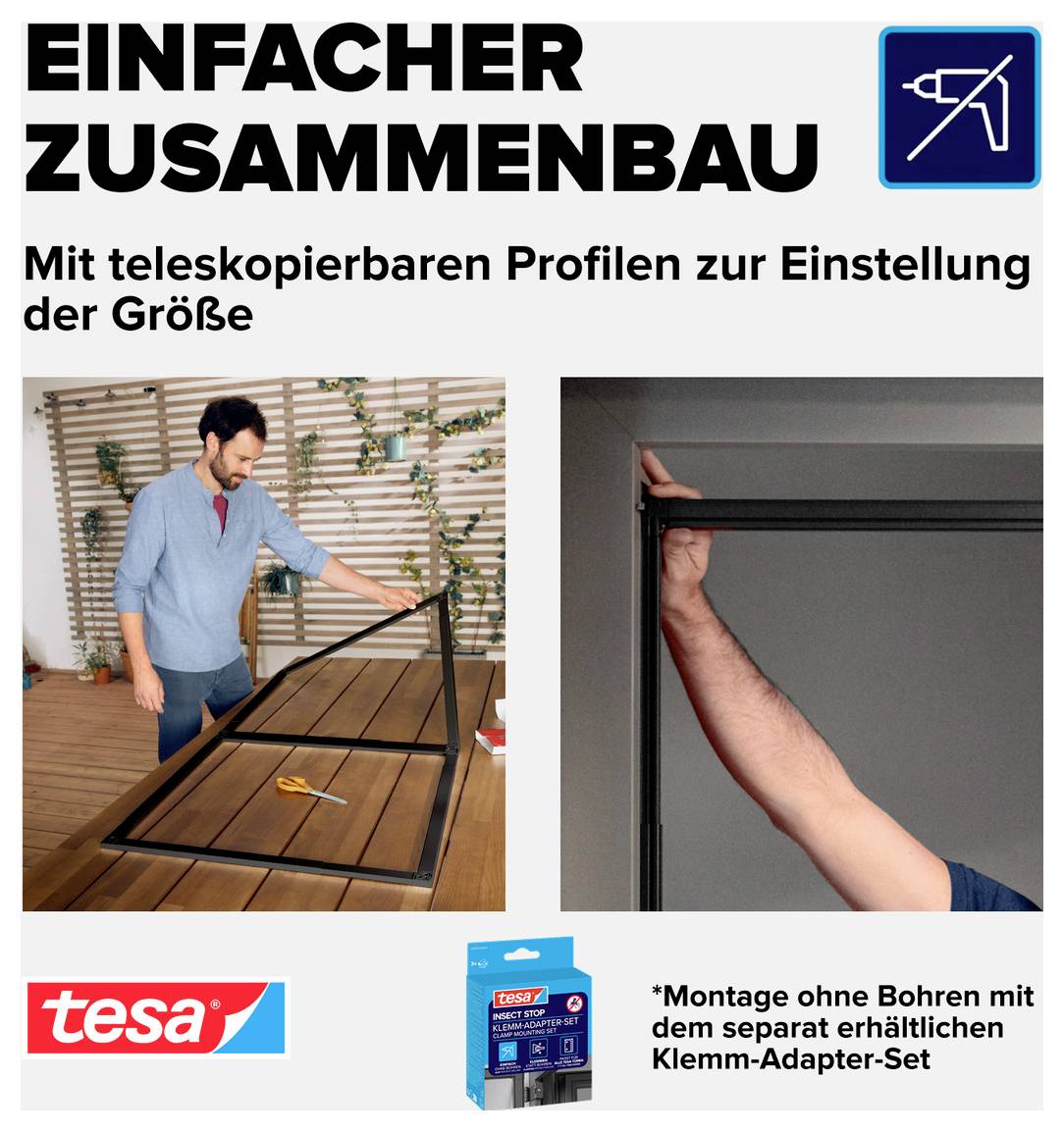 Advertentieafbeelding voor een tesa klemadapterset: Man monteert een zwart frame; telescopische profielen maken eenvoudige grootteanpassingen zonder boren mogelijk.