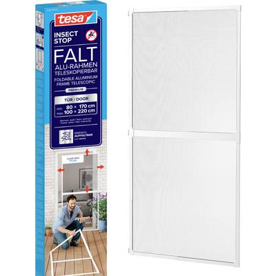 Verpakking voor tesa telescopische opvouwbare insectenhor voor deuren, met een witgeramde gaashor geïnstalleerd in een deuropening en productmaten variërend van 80 x 170 cm tot 100 x 220 cm.