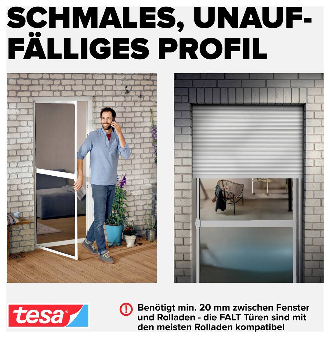 Advertentie met titel 'Smal, onopvallend profiel': links open vouwdeur voor een terrasdeuren, rechts rolluik; aanwijzing op minimaal 20 mm afstand tot het raam.