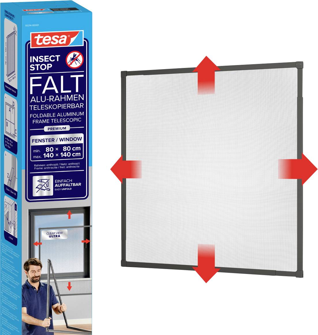 Verpakking voor tesa Insect Stop Vouwraam, met een opvouwbaar telescopisch frame en rode pijlen die aangeven in welke richtingen de grootte kan worden aangepast.