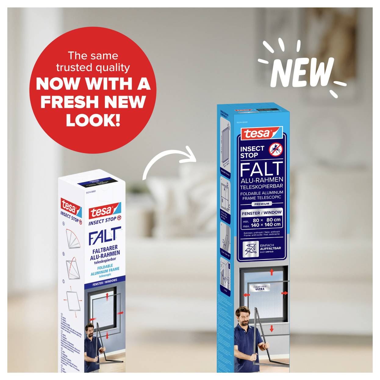 tesa Vliegenscherm-Vouwdoos in oude en nieuwe verpakking, met aanduiding 'NEW' en 'Now with a fresh new look!'