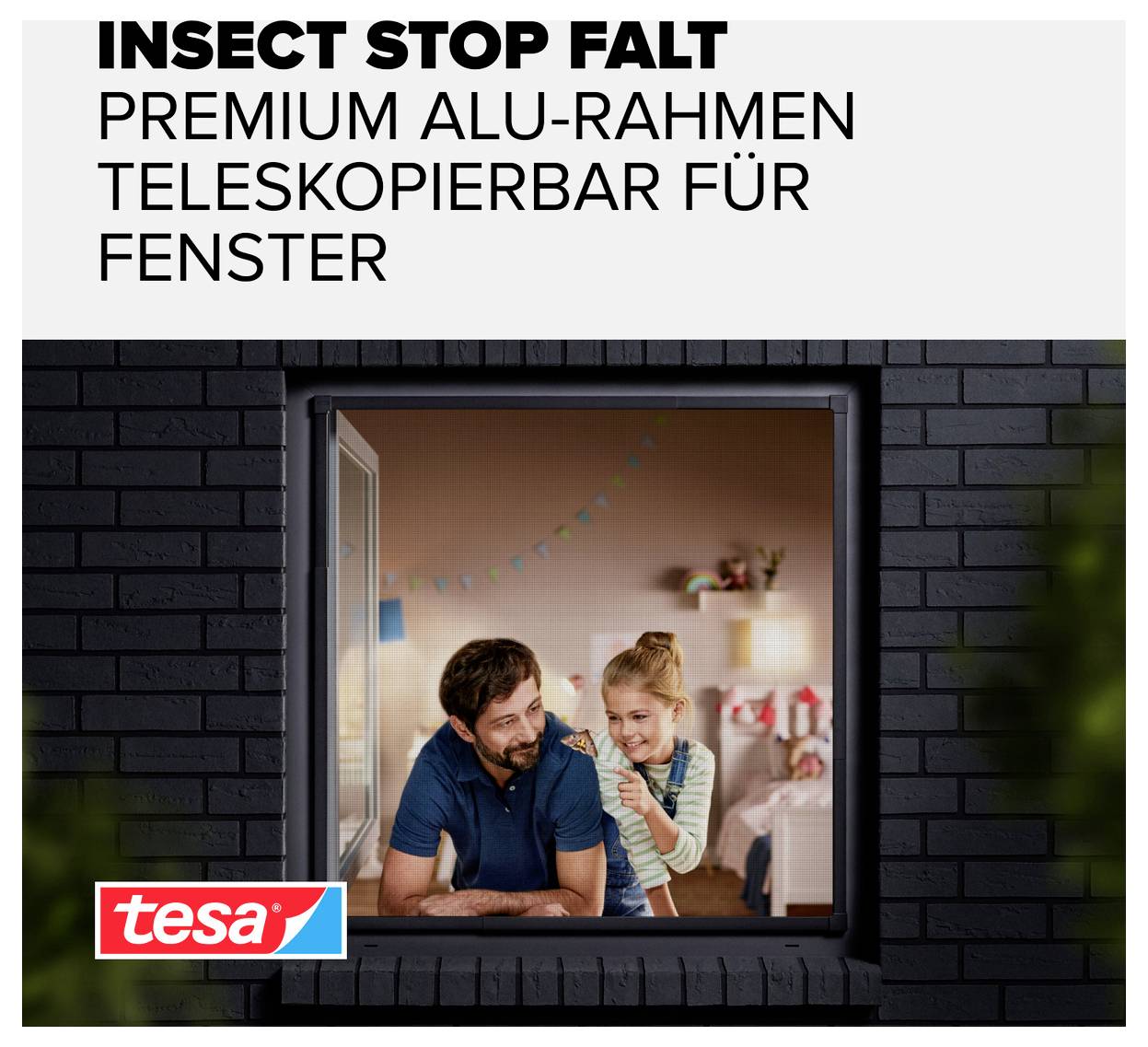 Advertentieafbeelding van een Tesa insectenscherm-raam met aluminium frame; Tekst: 'INSECT STOP FALT', 'PREMIUM ALU-FRAME', 'TELESCOPISCH VOOR RAMEN'.