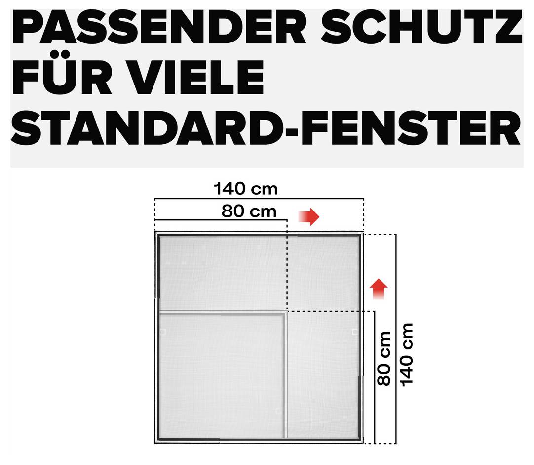 Afbeelding met de tekst 'PASSENDE BESCHERMING VOOR VEEL STANDAARD-RAMEN': Raamkozijn met afmetingen 80 cm en 140 cm, pijlen tonen passende grootte en uitlijning.